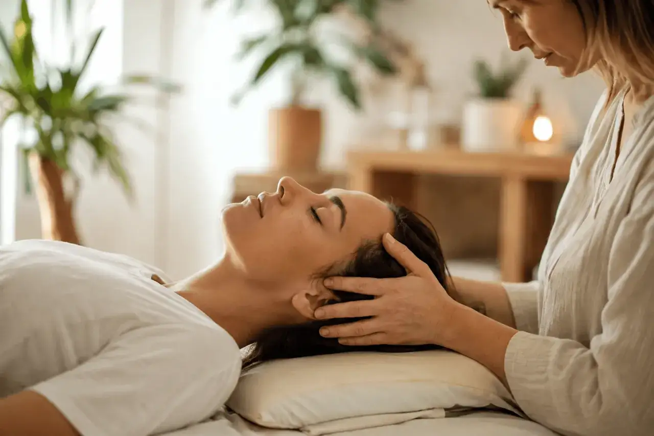 Une praticienne applique une thérapie cranio sacrée sur une femme détendue, les yeux fermés, dans une pièce lumineuse et apaisante.
