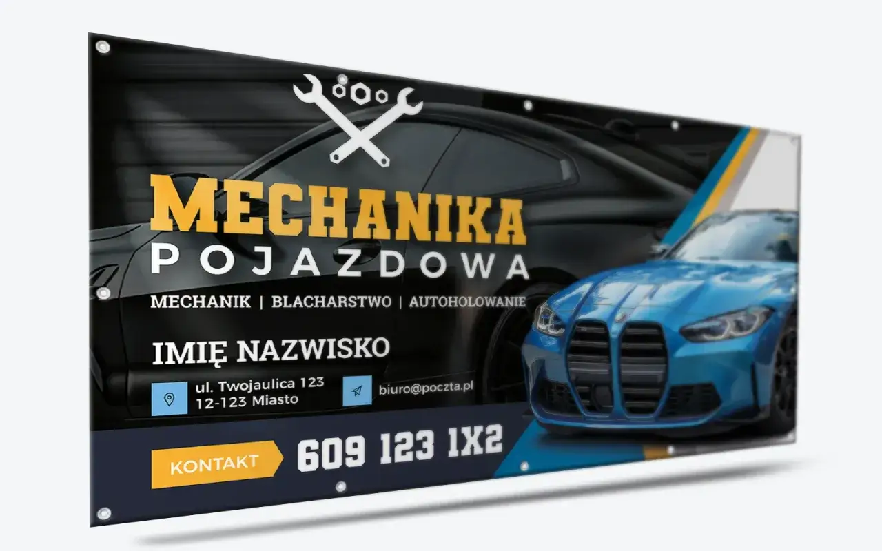 Reklama warsztatu samochodowego: mechanika, blacharstwo, autoholowanie. Zadzwoń pod numer 609 123 1X2.