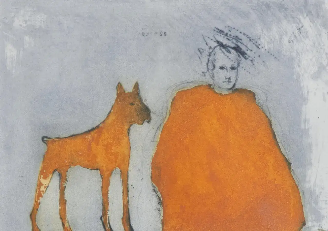 Suzanne Nessim: En hund och en person i orange mantel, med ordet 