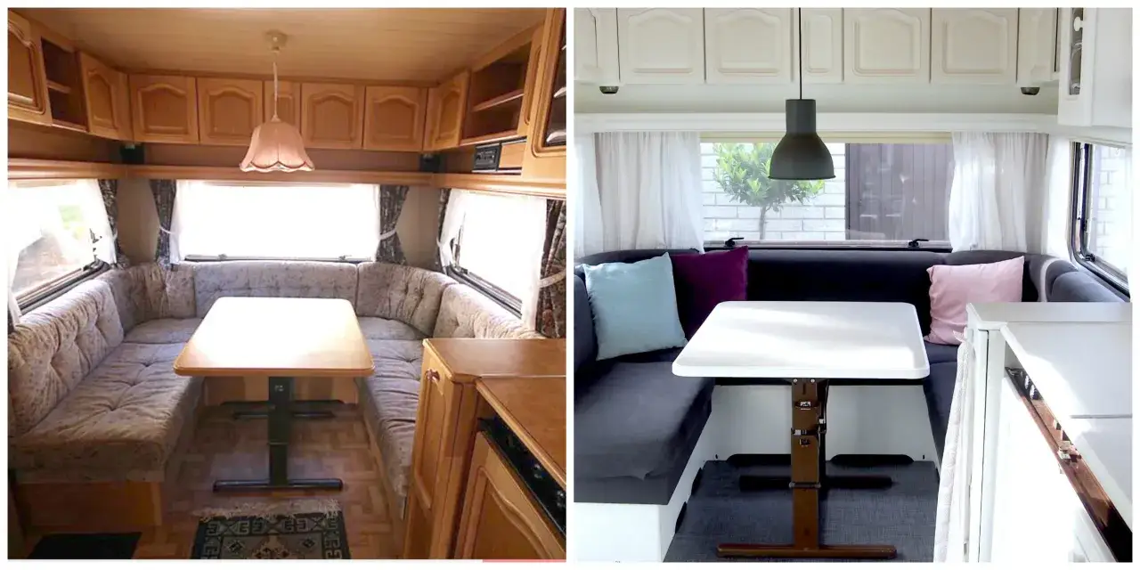 Före och efter renovera husbil. Från brunt trä till ljust och modernt. Nya dynor, bord och belysning ger nytt liv.
