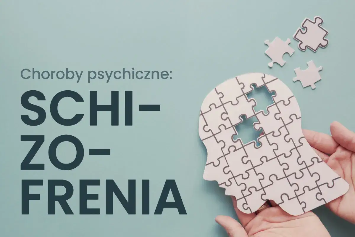 Głowa z puzzli, symbolizująca schizofrenię, w rękach. Tekst: