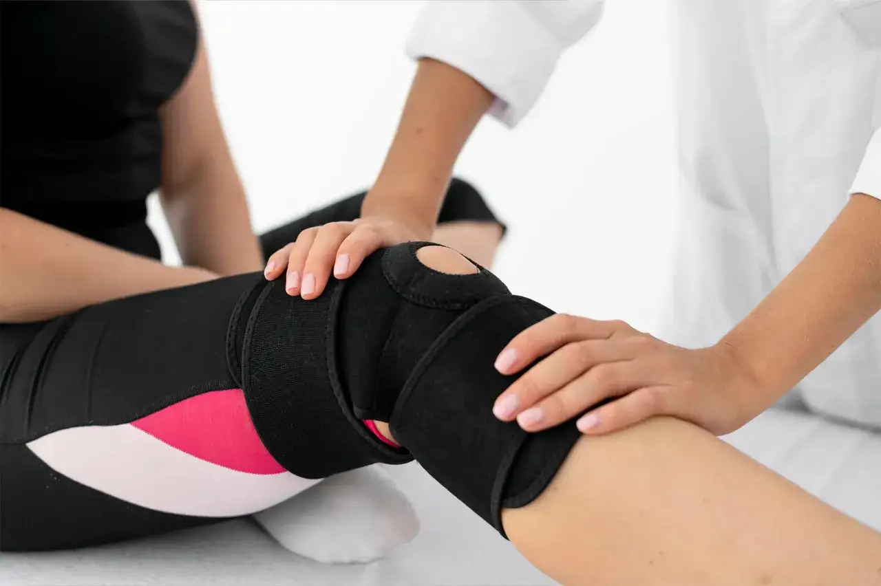 Fizjoterapeuta pomaga pacjentce z problemem acl kolano, zakładając stabilizator.