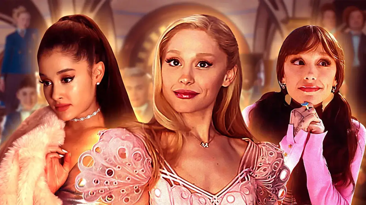 Ariana Grande w trzech odsłonach, jakby z różnych filmów. Różowe stroje i charakterystyczny makijaż.