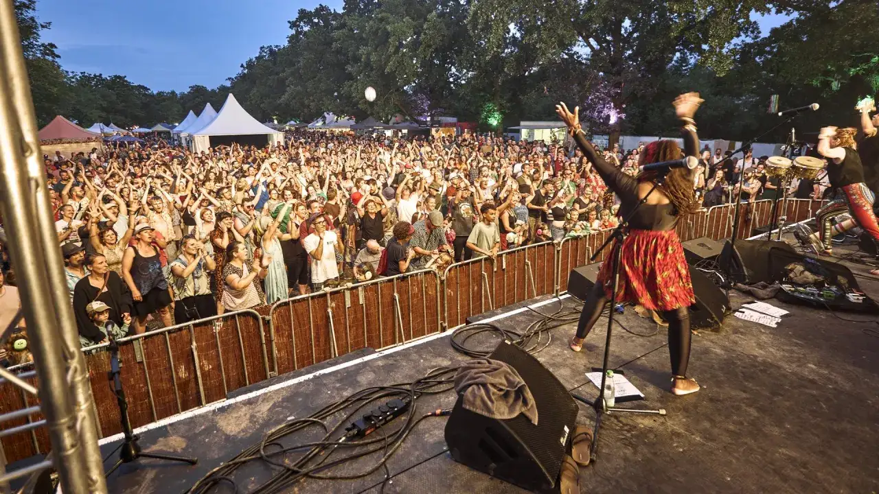 Ein begeistertes Publikum feiert beim Weinturm Open Air. Die S&auml;ngerin auf der B&uuml;hne gibt alles, die Menge jubelt.