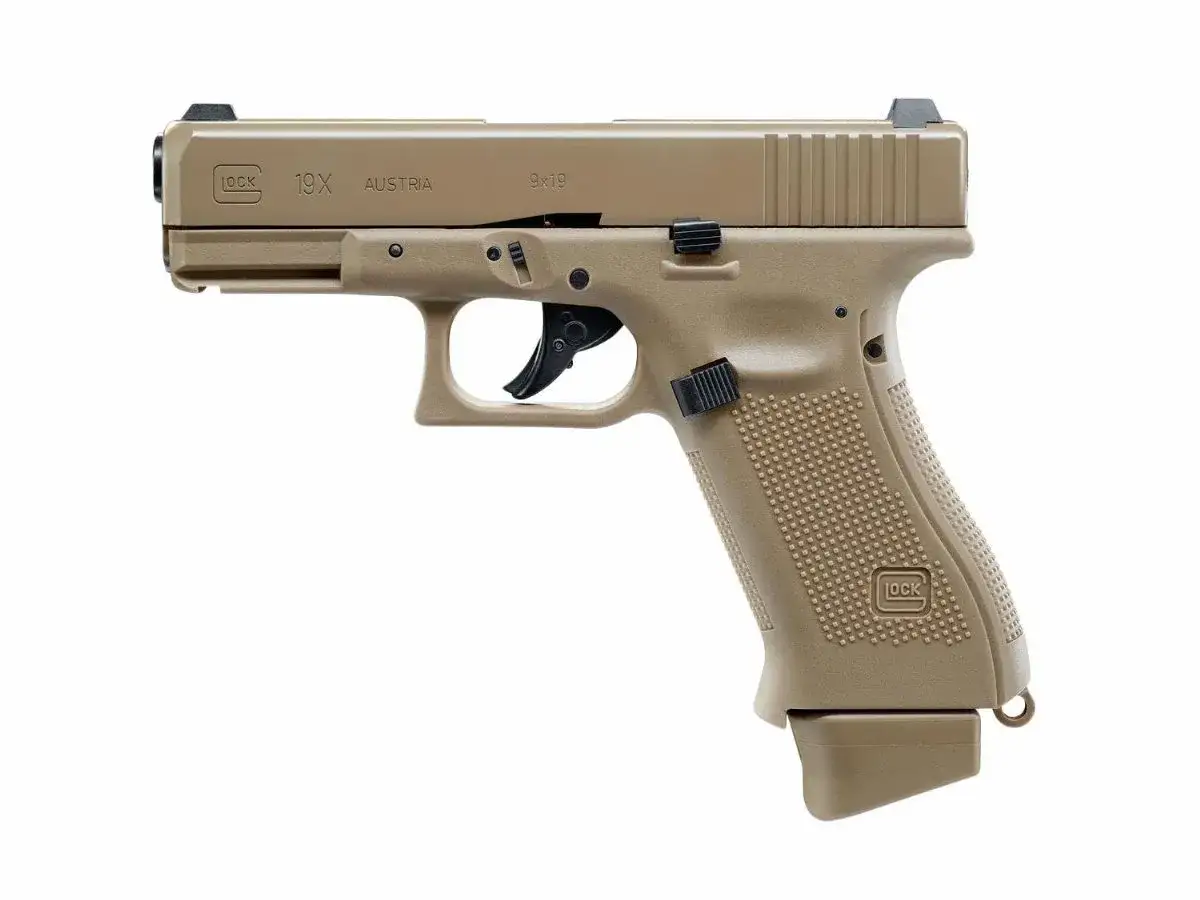 Brązowy pistolet Glock 19X. Zastanawiasz się, czy asg jest legalne?