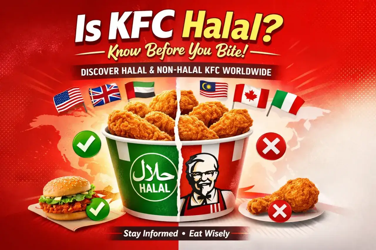 Är KFC halal i Sverige? Bilden visar en delad hink med kyckling, en med halal-symbol, och flaggor från olika länder.