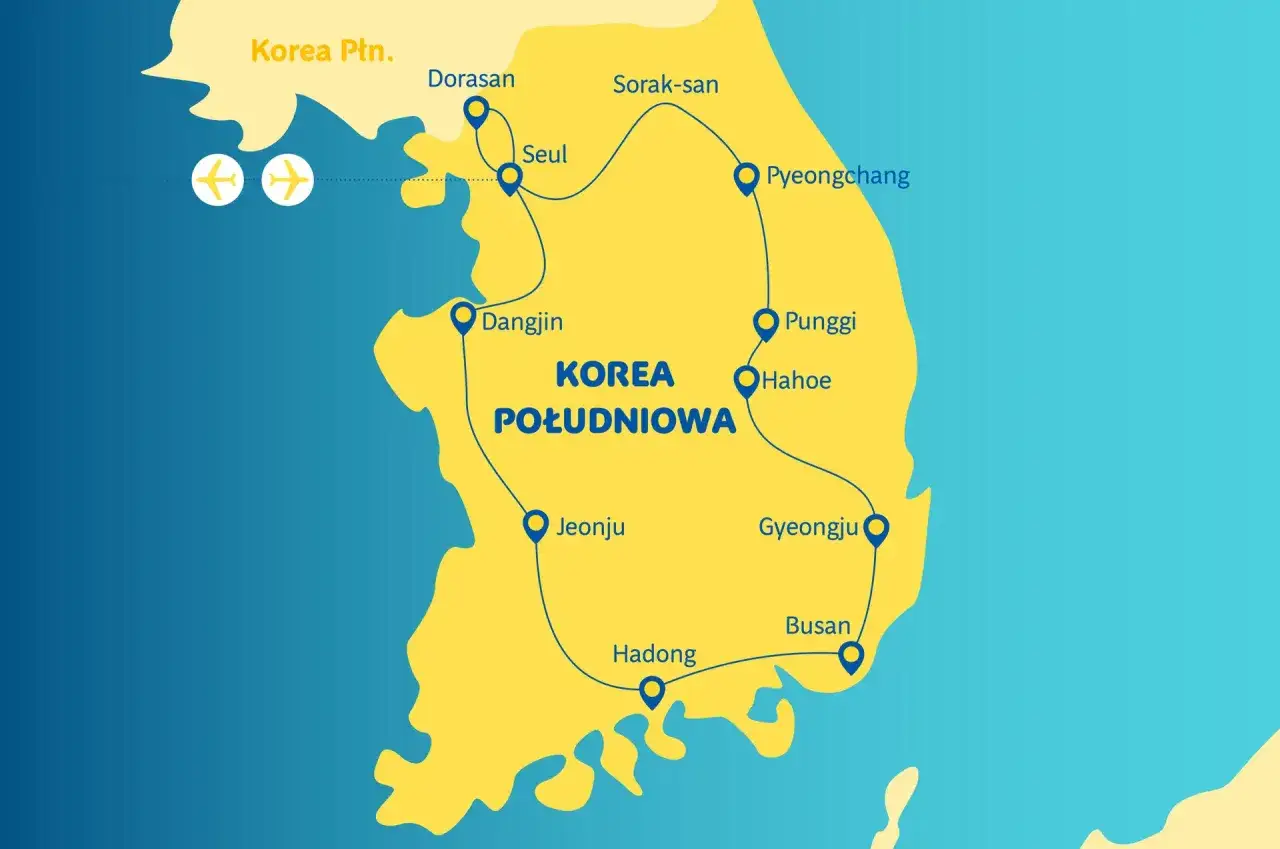 Mapa Korei Południowej z zaznaczonymi miastami: Seul, Pjongczang, Busan. Podróżując po tym kraju, można poczuć się bezpiecznie.