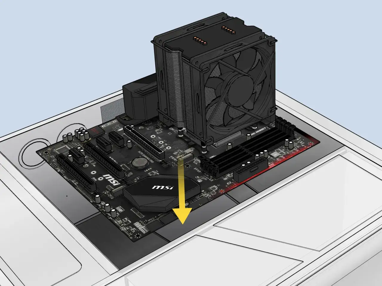 Installation du ventirad sur le cpu ordi. La carte mère MSI est visible, avec ses slots RAM et le ventirad imposant.