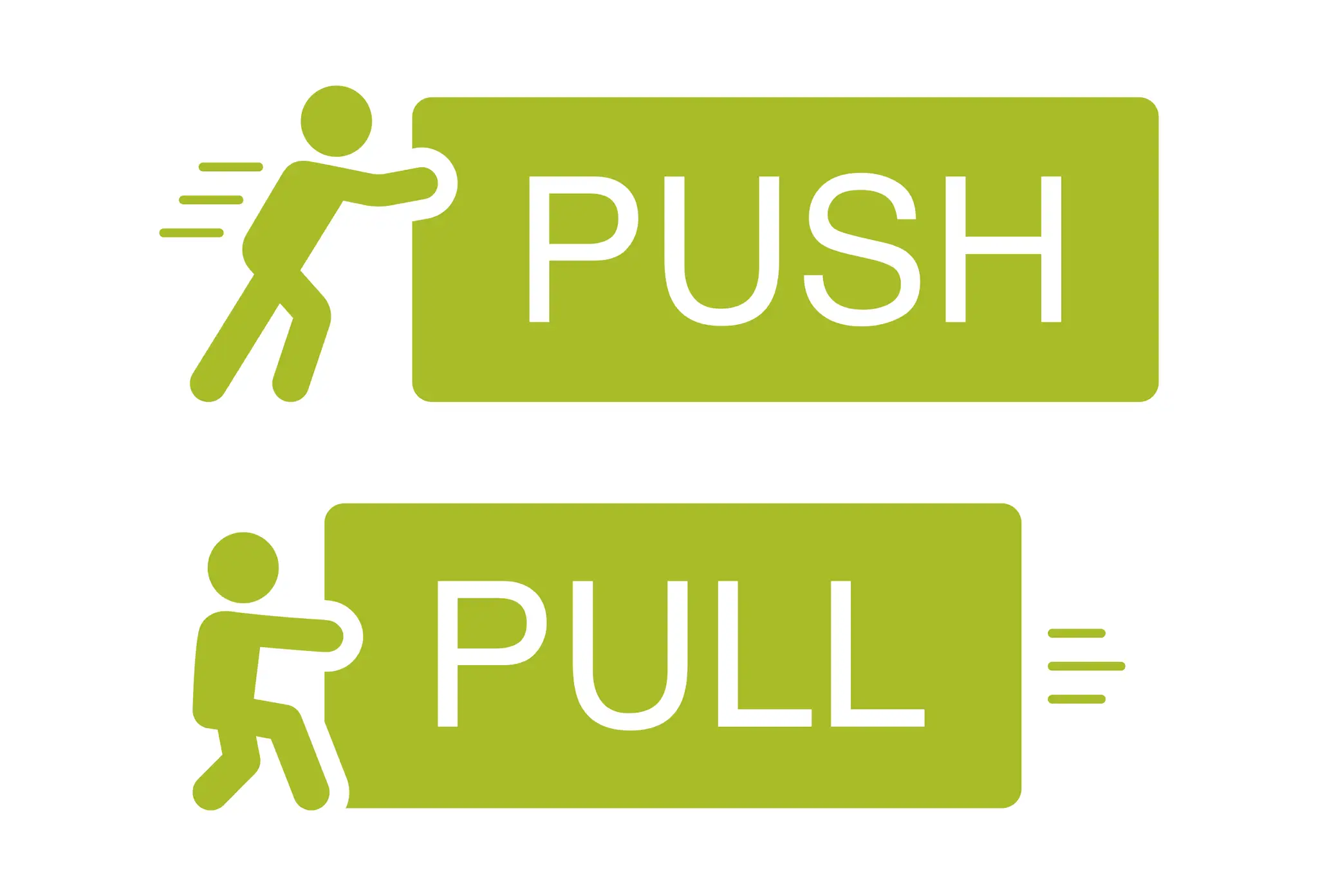 Ikona osoby pchającej drzwi z napisem PUSH i ikona osoby ciągnącej drzwi z napisem PULL. To prosta wizualizacja strategii push.