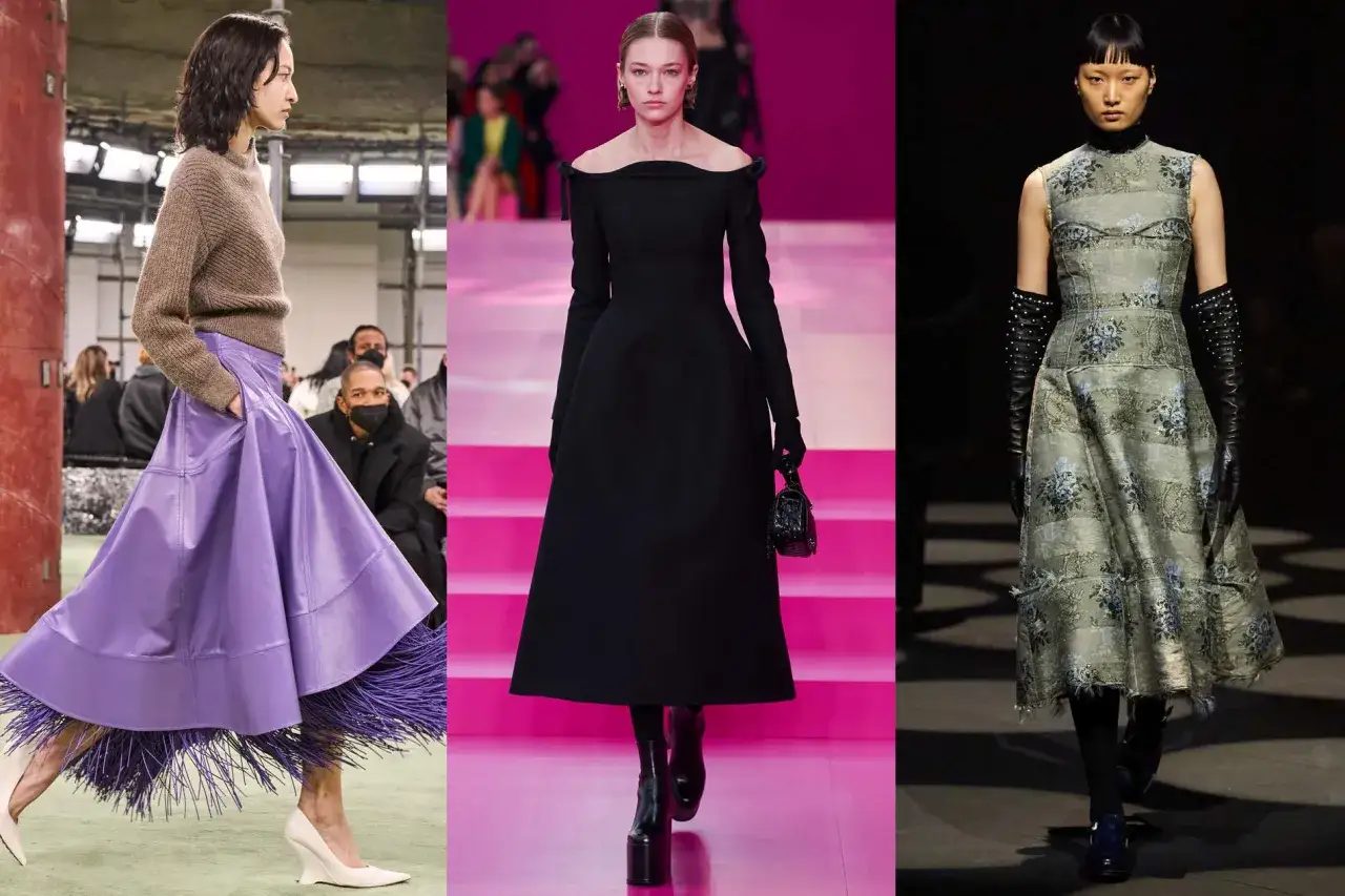 Drei feminine Frauen präsentieren auf dem Laufsteg modische Outfits: ein lila Fransenrock, ein schwarzes Kleid und ein gemustertes Kleid mit Handschuhen.