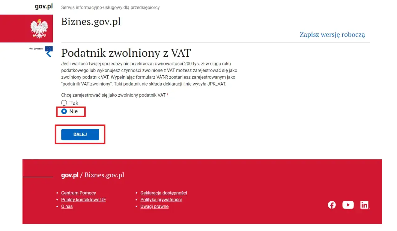 Formularz VAT-R: wybór 