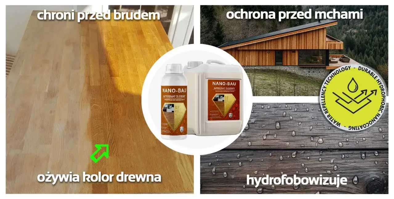 Impregnat olejowy NANO-BAU to sposób na ochronę drewna przed brudem, mchami i wilgocią. Ożywia kolor drewna i zapewnia hydrofobowość.