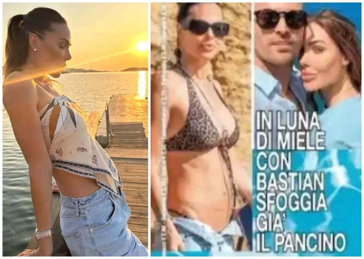 Ilary Blasi incinta, in vacanza al tramonto e in bikini. La conduttrice sfoggia il pancino in luna di miele con Bastian.