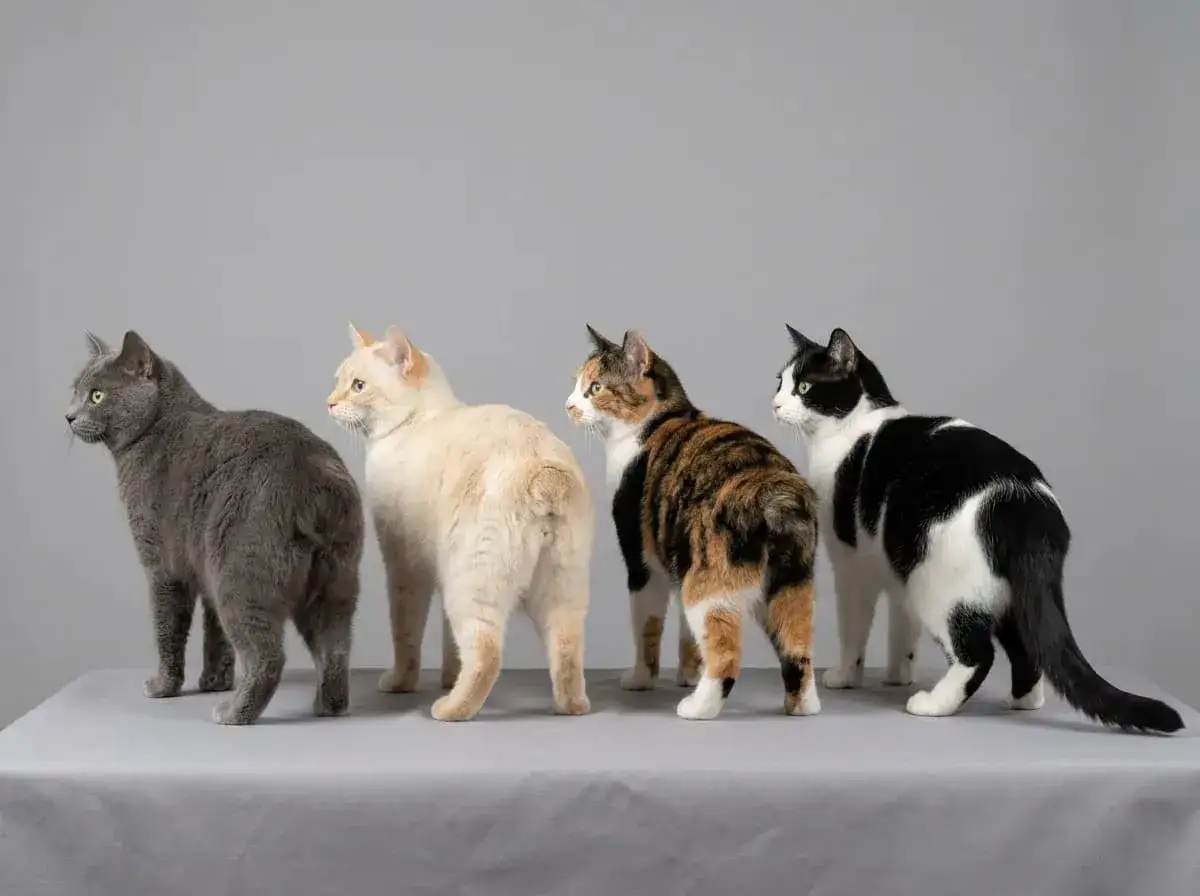 Four cats with no tail stand in a line, facing left. A grey cat, a cream cat, a calico cat, and a black and white cat.