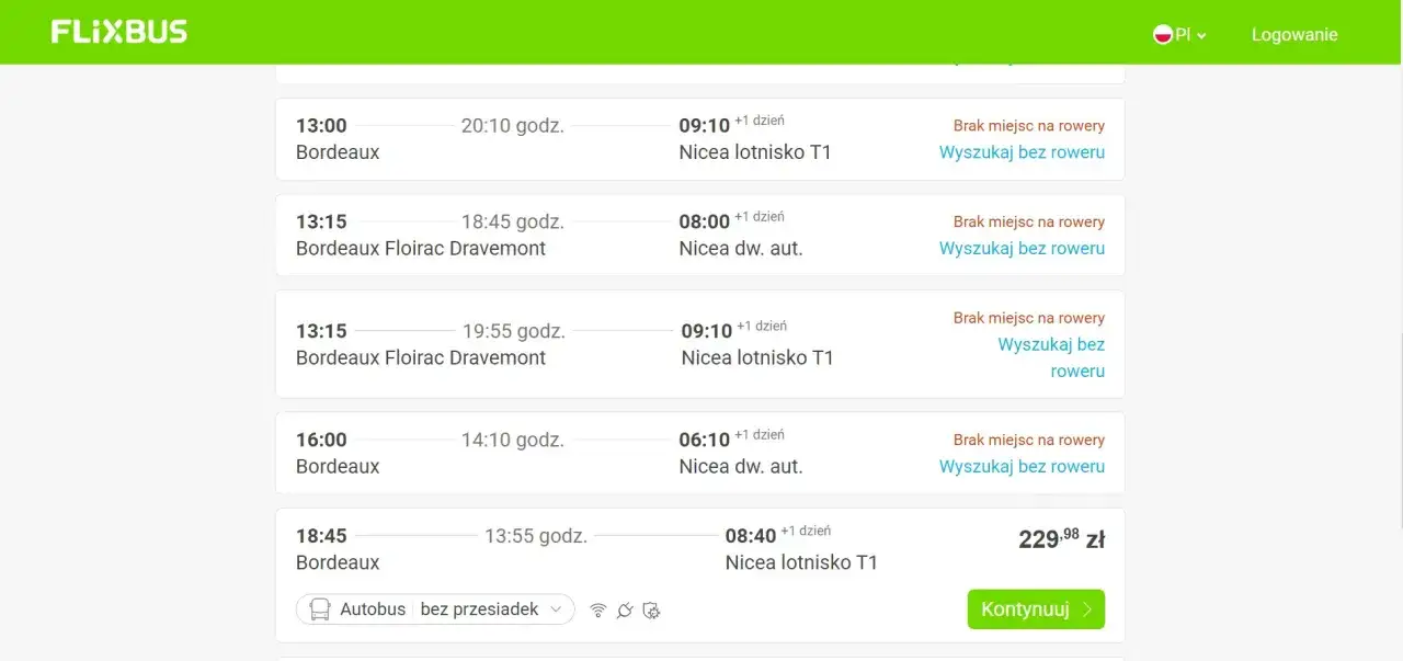 Flixbus: brak miejsc na rowery na trasie Bordeaux-Nicea. Sprawdź dostępne połączenia bez przewozu rowerów.