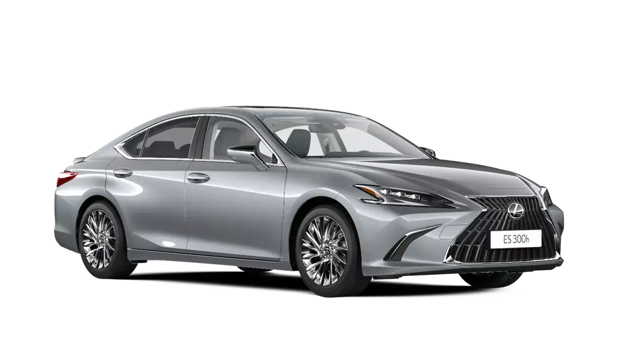 Elegancki, srebrny Lexus ES 300h z chromowanymi felgami, prezentowany na czarnym tle.