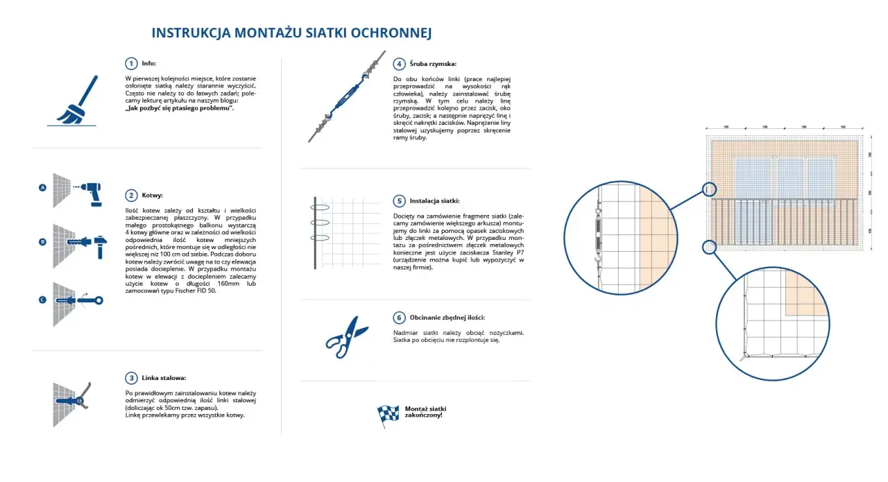 Instrukcja montażu siatki ochronnej: linka stalowa zamiast karnisza, mocowana do kotew. Szczeg&oacute;łowy opis krok po kroku.