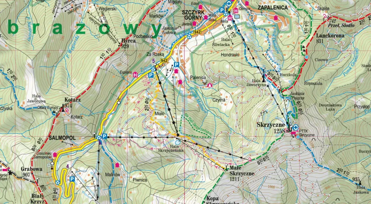 Szlak na Szyndzielnię przez Kotarz i Skrzyczne. Mapa turystyczna z zaznaczonymi szlakami, punktami widokowymi i schroniskami.