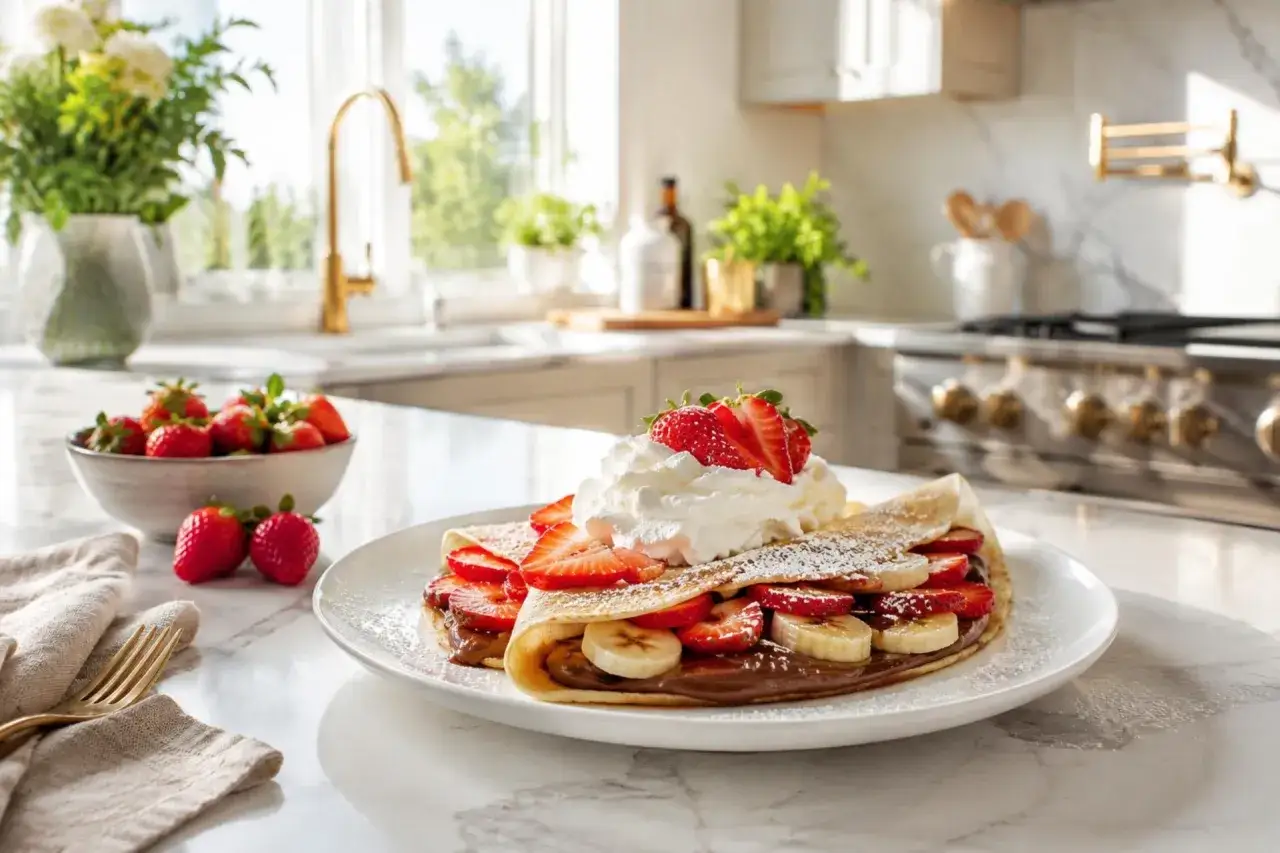 Crepe doblada con fresas, pl&aacute;tano y crema batida, espolvoreada con az&uacute;car glas. &iexcl;Perfecta para tu receta crepes para 2!