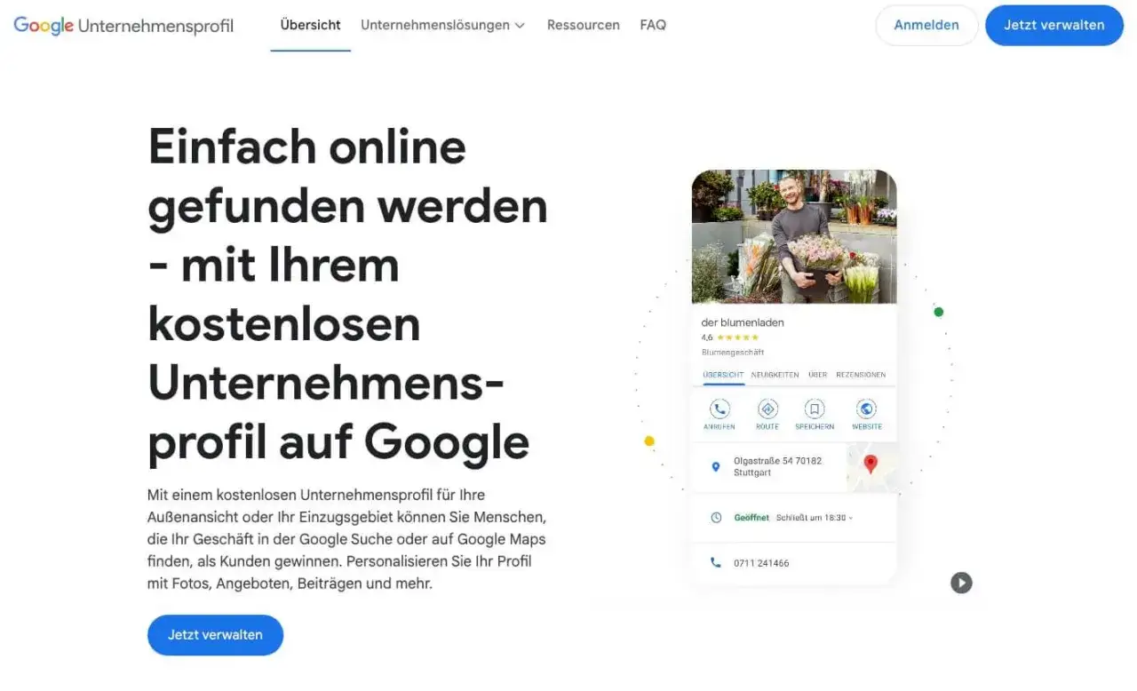 Ein Mann mit Blumen im Arm, der einen lokalen Pack-Eintrag f&uuml;r ein Blumengesch&auml;ft auf Google zeigt.