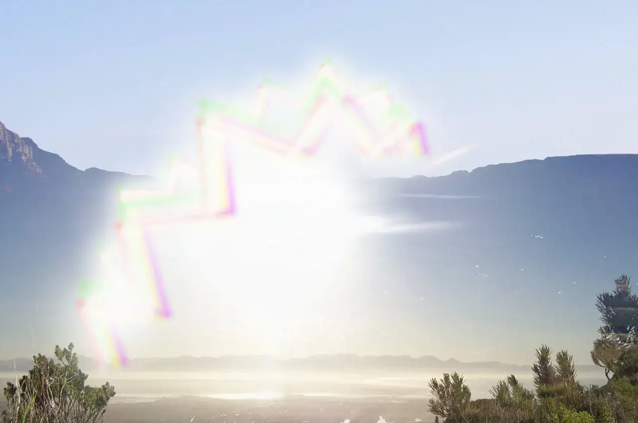 Berglandschaft mit einer leuchtenden, zackigen visuellen Aura in Pastellt&ouml;nen, die sich &uuml;ber den Himmel erstreckt.