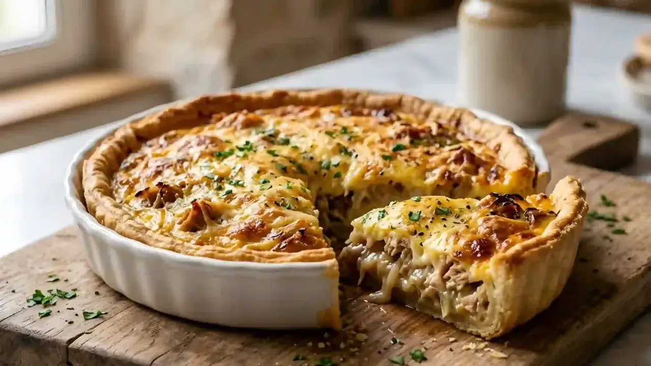 Une part g&eacute;n&eacute;reuse de quiche au thon dor&eacute;e, garnie de persil frais, repose sur une planche en bois rustique.