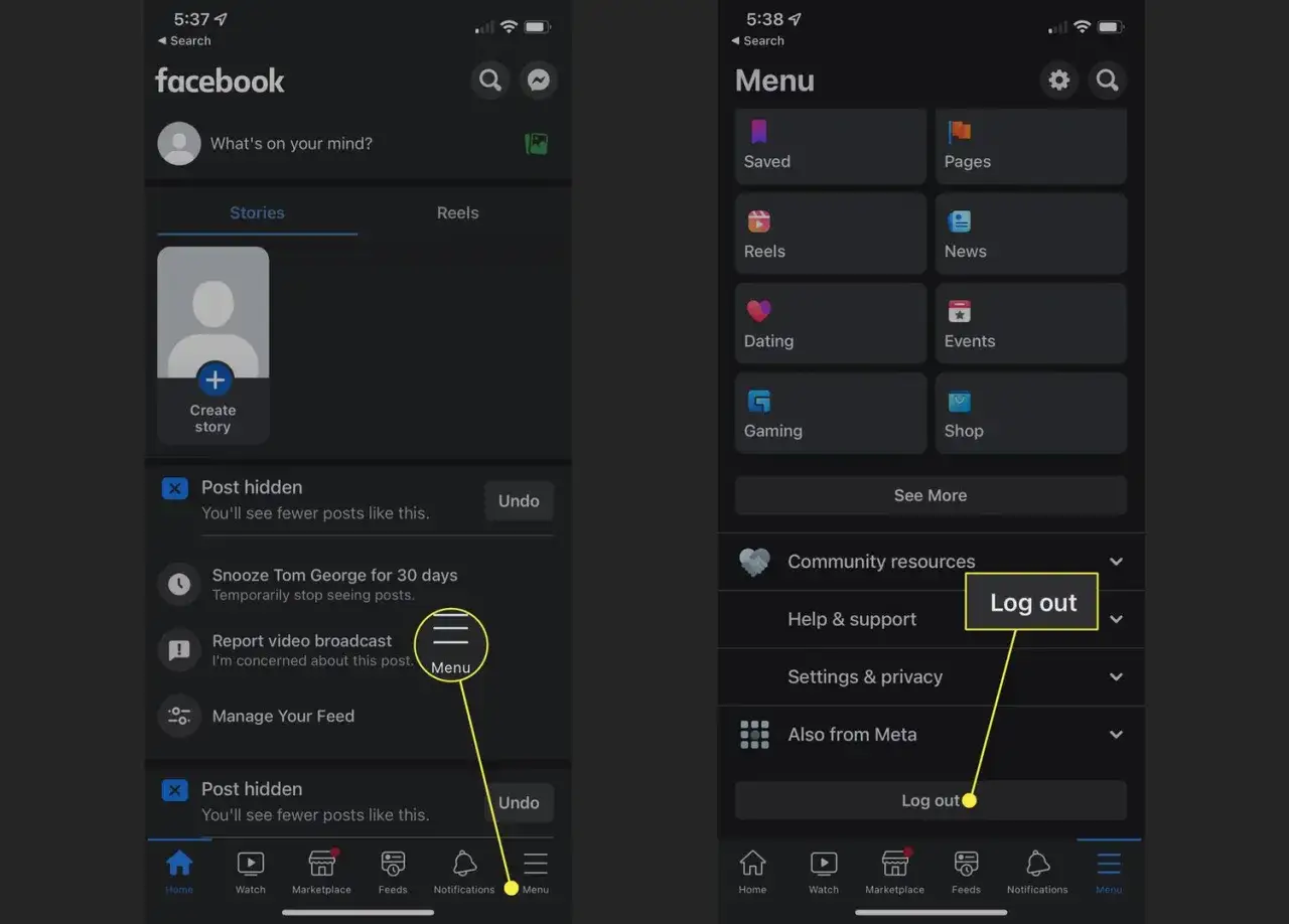 Jak się wylogować z fb na telefonie? Kliknij Menu, a następnie Log out.
