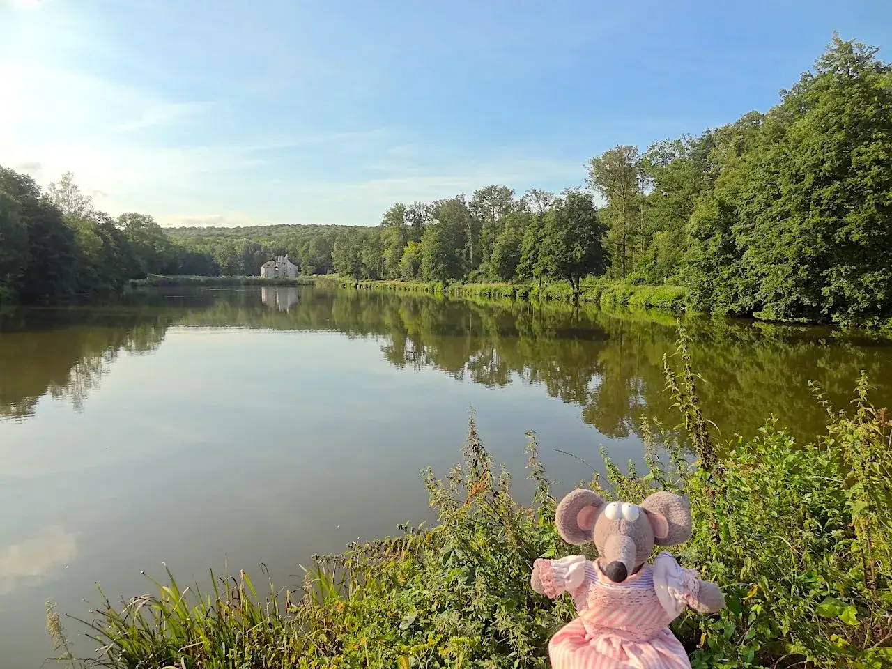 Une souris en robe rose profite d'une belle journ&eacute;e pour sortir en &Icirc;le-de-France, pr&egrave;s d'un ch&acirc;teau et d'un lac paisible.