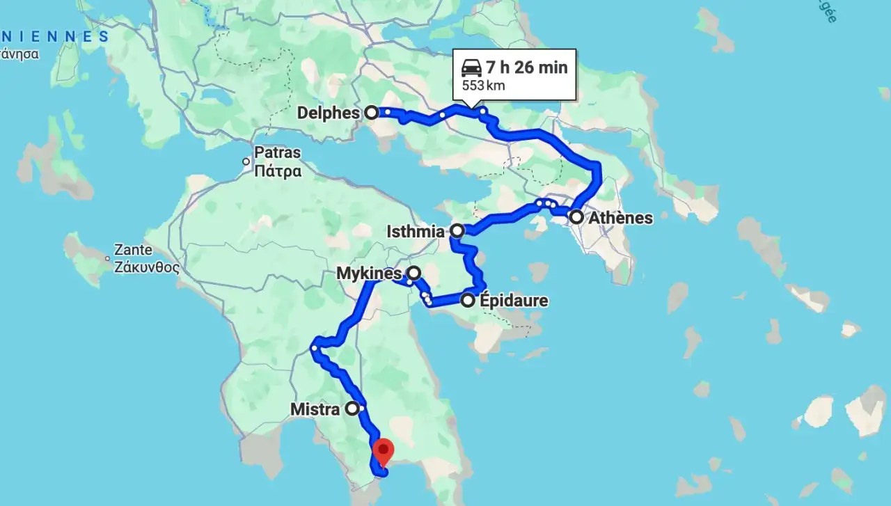 Carte d'un itinéraire en camping-car en Grèce, passant par Delphes, Athènes, Épidaure, Mycènes, Isthmia, Patras et Mistra.
