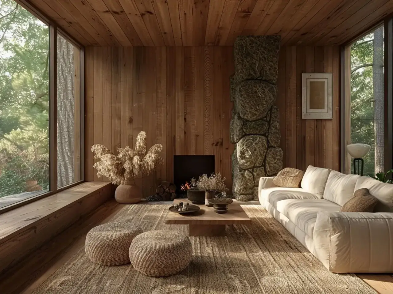 Przytulny salon z kamiennym kominkiem i drewnianymi ścianami. Miękka sofa i dwa pufy tworzą idealne miejsce do relaksu w tym **rustykalnym** wnętrzu.