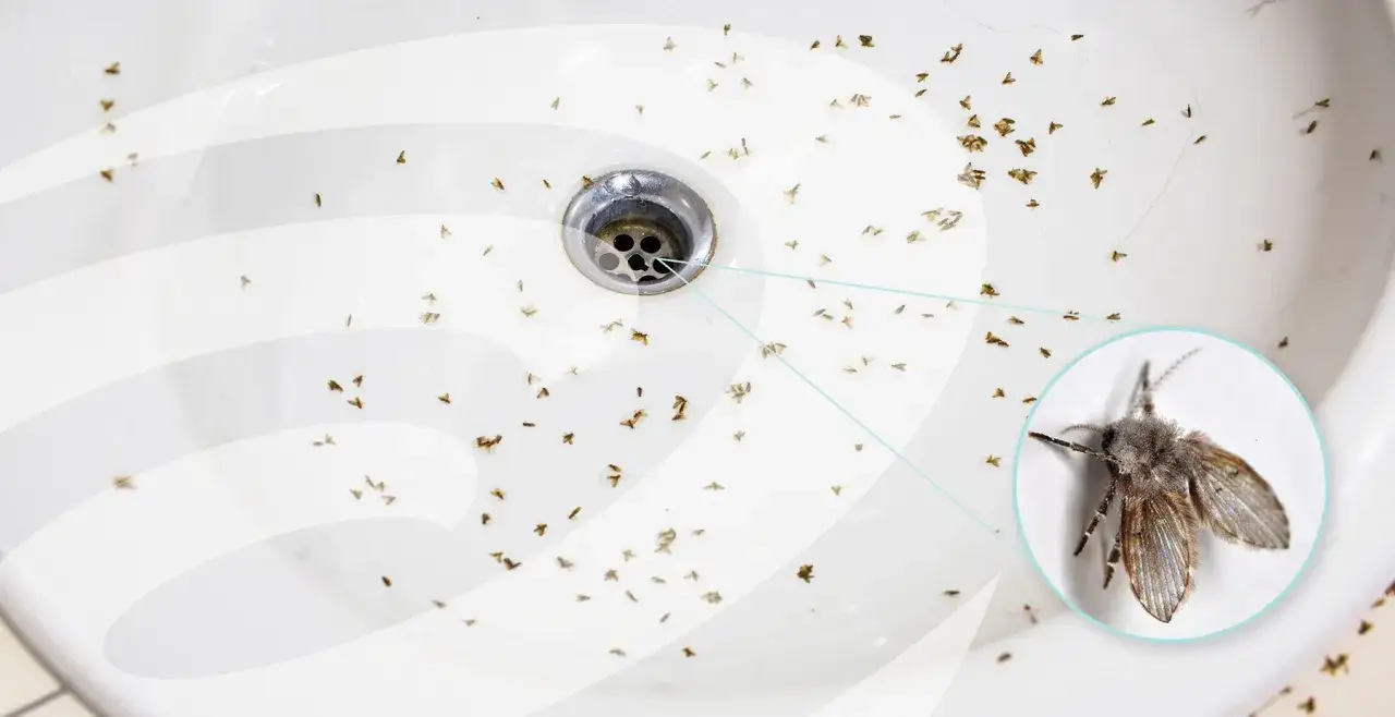 A sink drain is covered in drain flies, hinting at how to get rid of drain flies. A close-up shows a fuzzy drain fly.