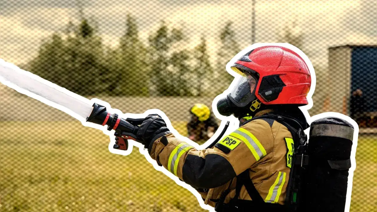 Strażak w hełmie i masce, trzymający wąż strażacki, z którego leje się woda. To jest lanca, narzędzie do gaszenia pożarów.