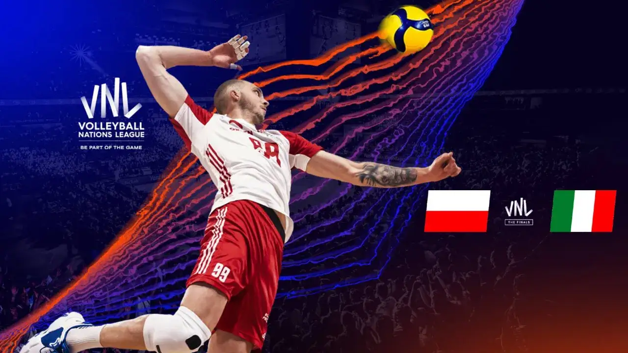 Siatkarz w akcji podczas turnieju finałowego Ligi Narodów. Polska kontra Włochy.