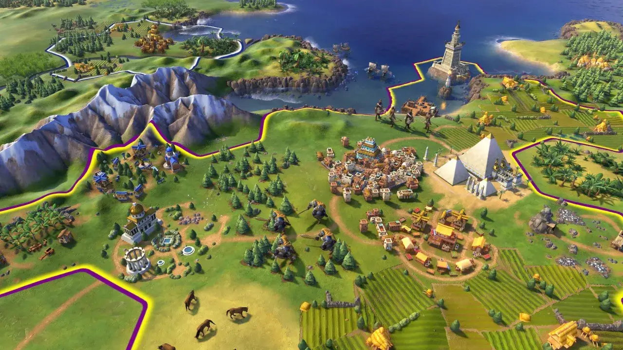 Strategia w Civilization VI: poradnik do budowy imperium. Widok mapy z miastami, piramidami i latarnią morską.