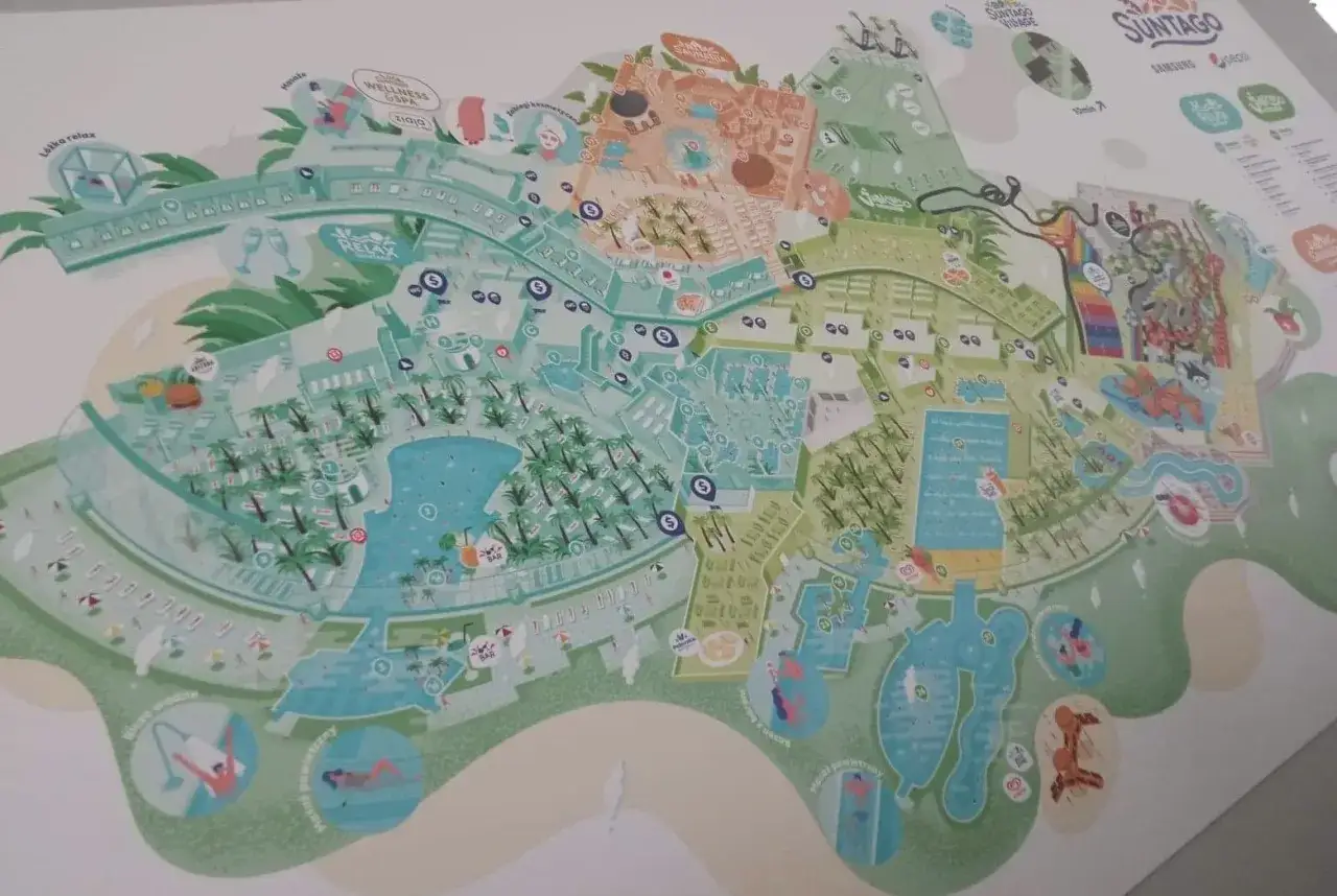 Mapa Suntago, gdzie jest wszystko: baseny, zjeżdżalnie, strefy relaksu i SPA. Idealne miejsce na rodzinne wakacje.