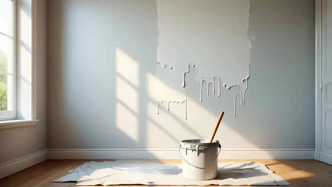 Farbe tropft von der Wand, ein Eimer mit R&uuml;hrstab steht bereit. Die Frage, wie lange braucht Wandfarbe zum trocknen, besch&auml;ftigt jeden Heimwerker.