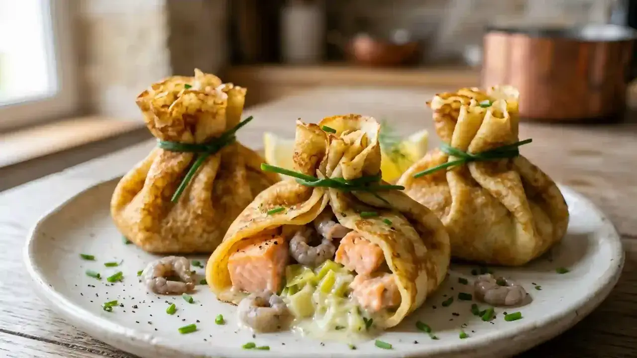 Trois aumônières froides, entrées raffinées, garnies de saumon, crevettes et poireaux dans une sauce crémeuse, liées par de la ciboulette.