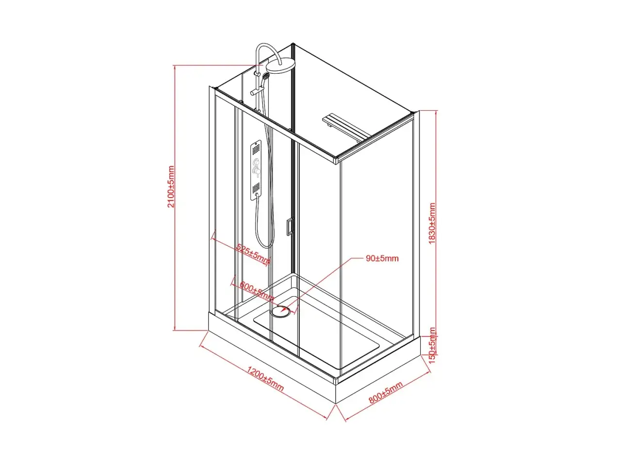 Sch&eacute;ma technique d'une douche dimensionnelle avec ses mesures. Hauteur 2100mm, largeur 1200mm, profondeur 800mm.