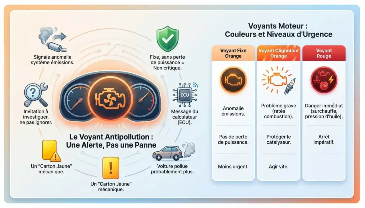 Tableau expliquant les voyants moteur : orange fixe (anomalie émissions), orange clignotant (problème grave, antipollution à contrôler), rouge (danger immédiat).