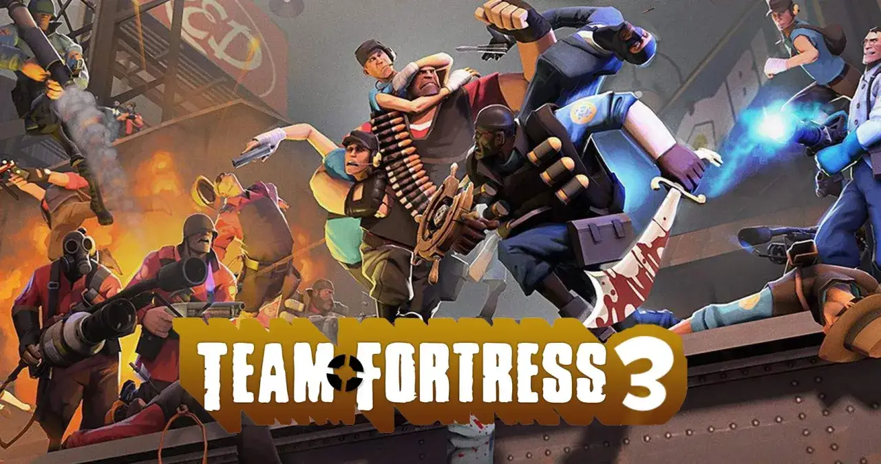 Dynamiczna scena z gry **Team Fortress 3**, gdzie postacie walczą w chaotycznym starciu. Widoczni są m.in. Pyro, Heavy i Soldier.