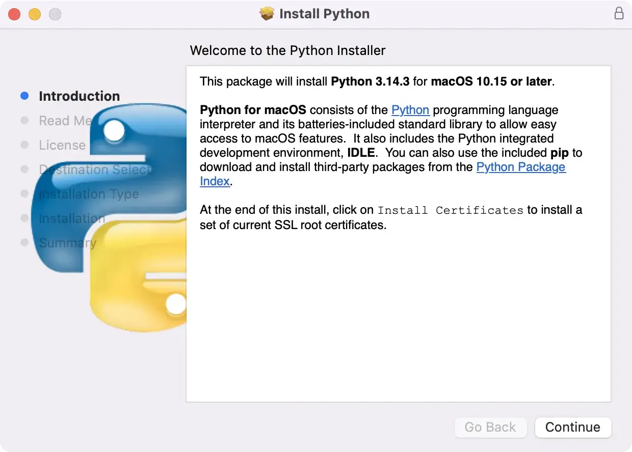 Installation de Python sur macOS. L'installateur Python 3.14.3 pr&eacute;sente les &eacute;tapes d'installation, y compris l'introduction et la s&eacute;lection de destination.