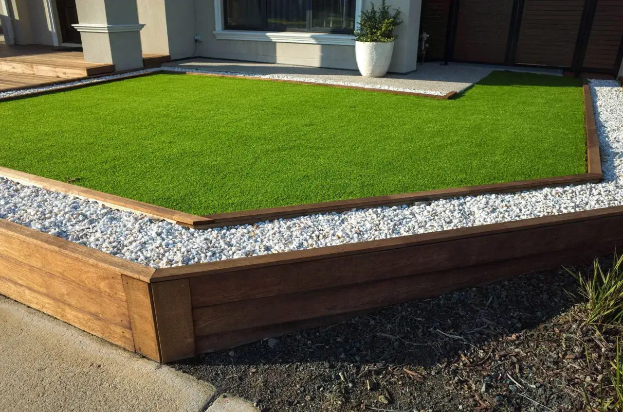 Dise&ntilde;o moderno con c&eacute;sped artificial, delimitado por grava blanca y jardineras de madera oscura.