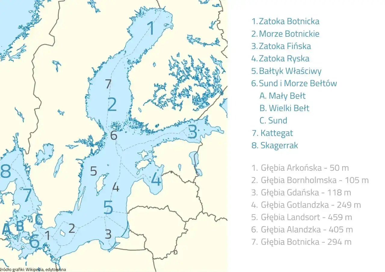 Mapa Bałtyku z zaznaczonymi obszarami, w tym Zatoka Botnicka. Widoczne są też głębie i cieśniny.