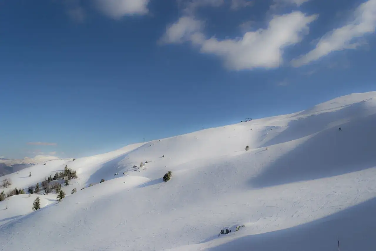 Pendii innevate e alberi sparsi sotto un cielo azzurro. L'**abetone altitudine** offre uno scenario da sogno per gli amanti della neve.