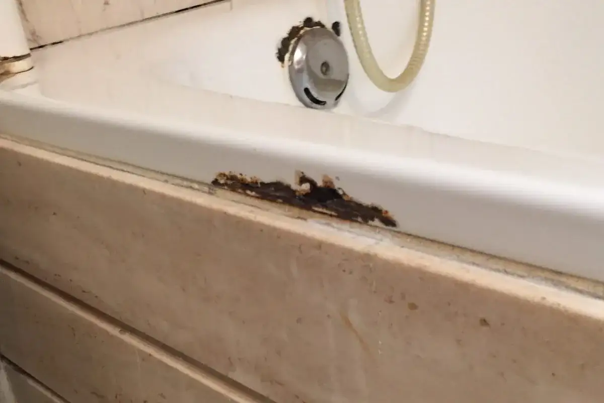 Detalle de una bañera blanca con óxido y desconchones en el borde, indicando la necesidad de reparar bañera picada.
