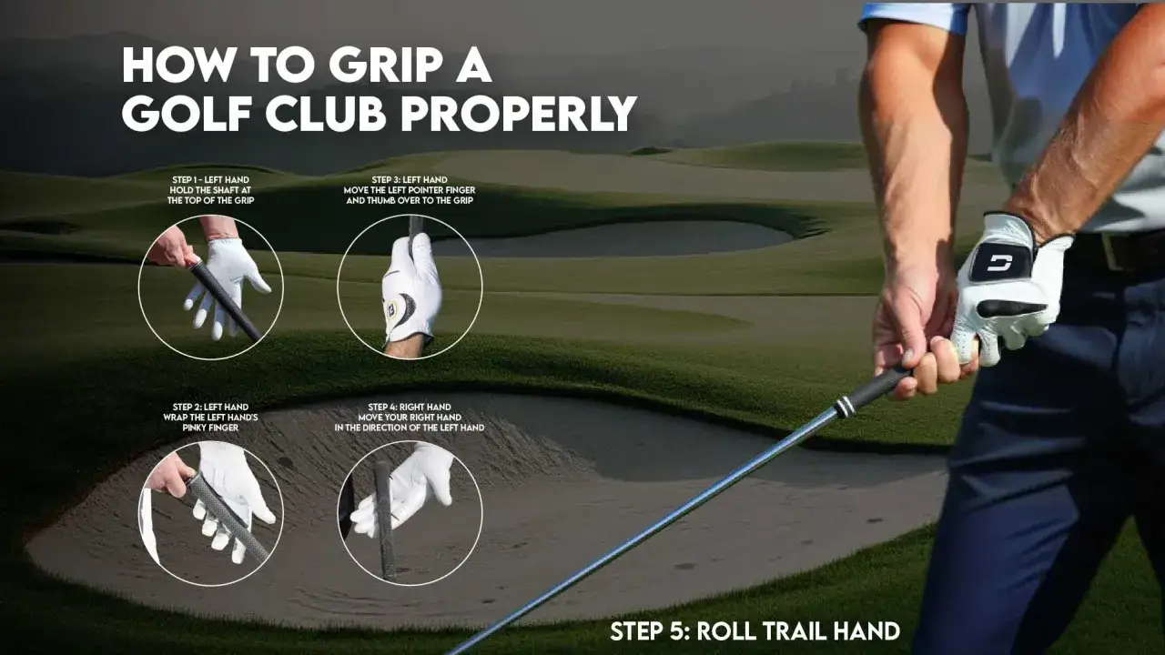 Instruktioner f&ouml;r hur man h&aring;ller en golfklubba korrekt. Bilden visar steg-f&ouml;r-steg hur man greppar klubban med b&aring;da h&auml;nderna.