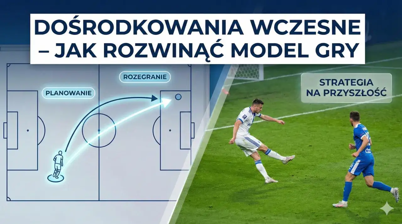 Schemat taktyczny futbolu: planowanie i rozegranie dośrodkowania. Piłkarz wykonuje podanie.