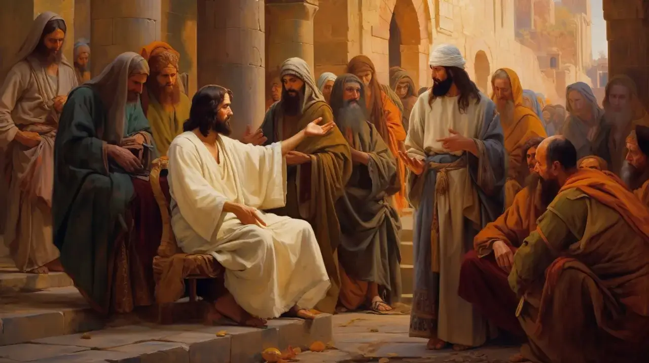 Jezus przemawia do tłumu, wśród którego widać faryzeuszy. Kto to byli? Ludzie przyglądają się uważnie.