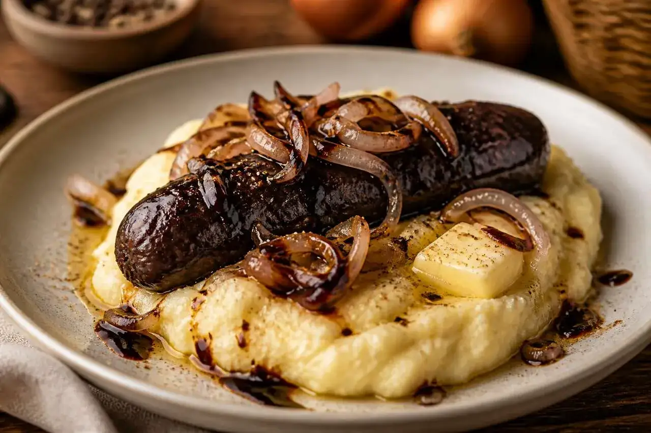 Saucisses noires sur une purée maison onctueuse, garnies d'oignons caramélisés et d'une touche de beurre. Un plat réconfortant.