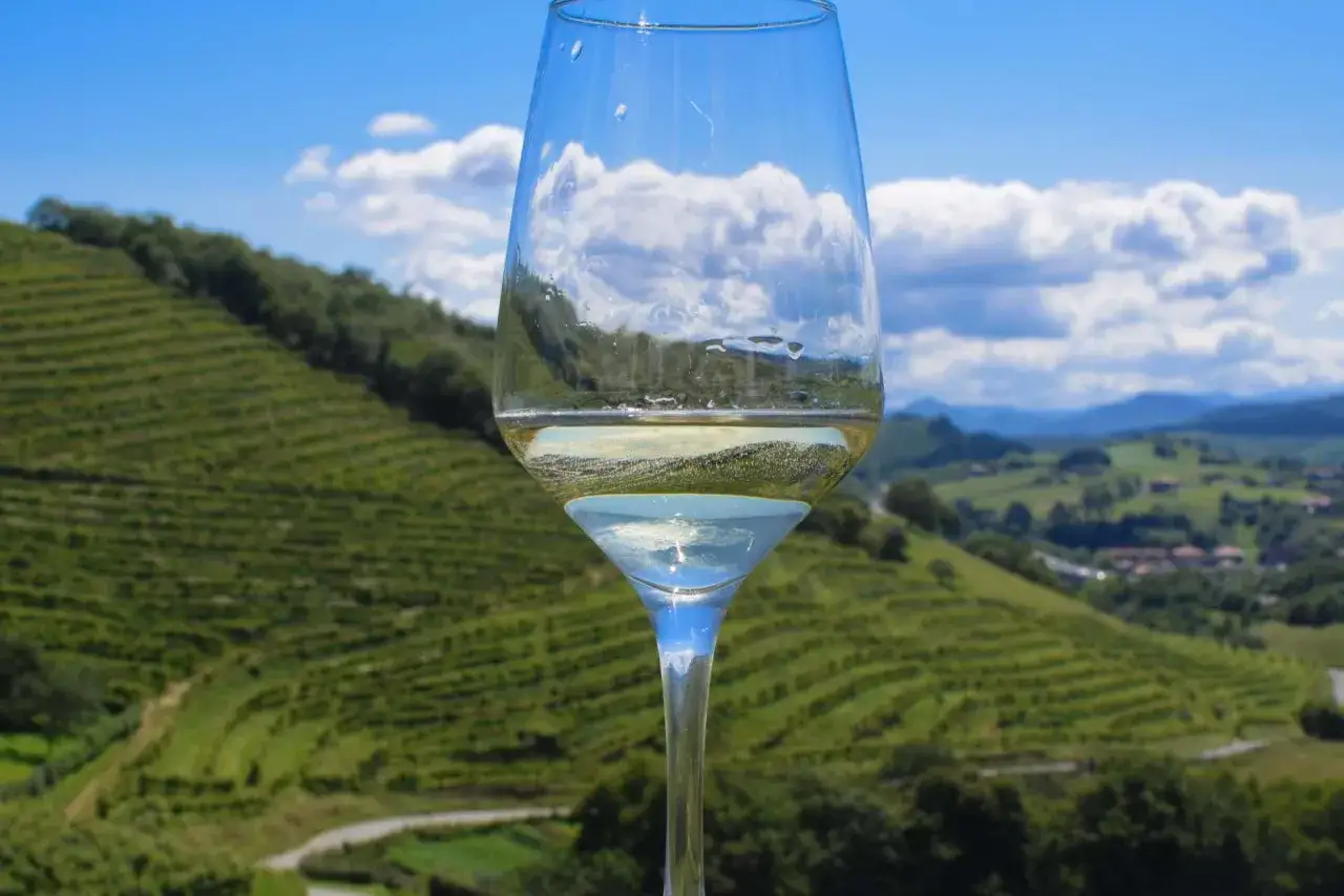 Copa de chacolí de Bilbao reflejando el cielo azul y las verdes colinas vascas.